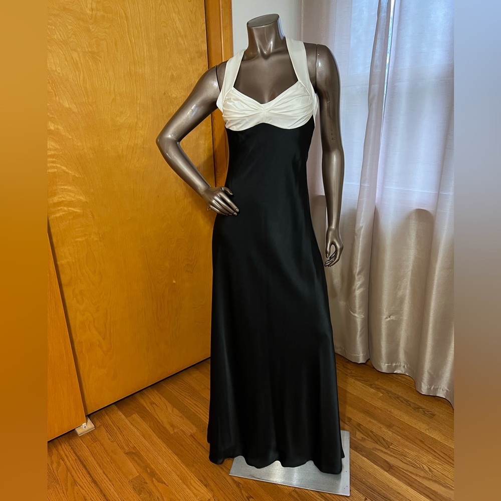 Calvin Klein Black Gown with White Bodice Halter Dress